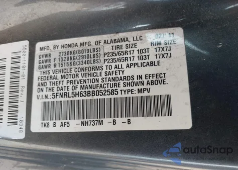 2011 Honda Odyssey Ex-L из США, поврежденный, VIN 5FNRL5H63BB052585